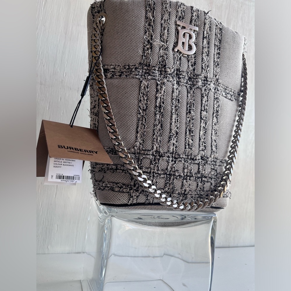 BURBERRY Lola Needle Punch Check Canvas Small Bucket Bag- Black and White - Picture 5 of 13